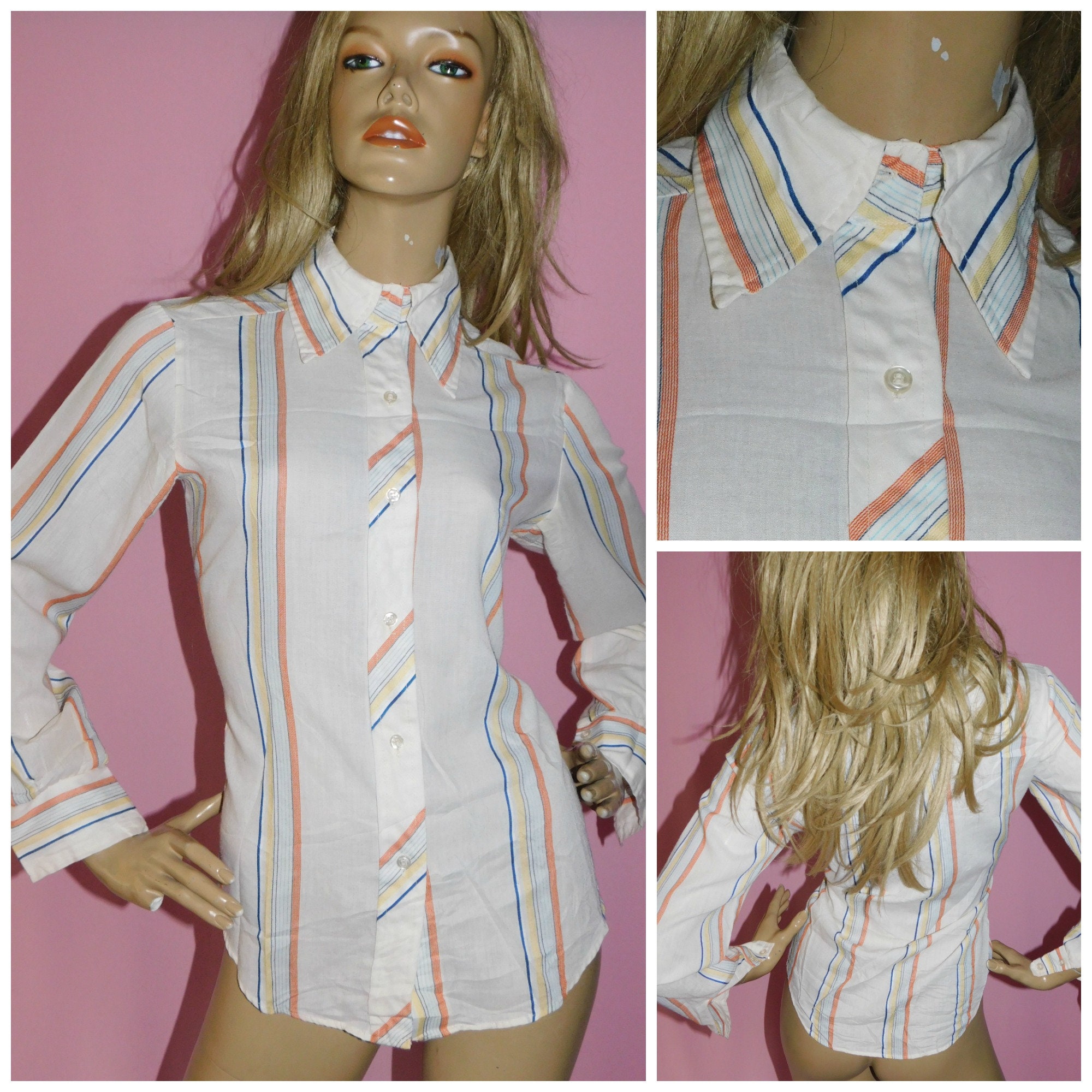 Vintage 1970s Cream STRIPED DAGGER collar shirt blouse 10-12 S M 70s ...