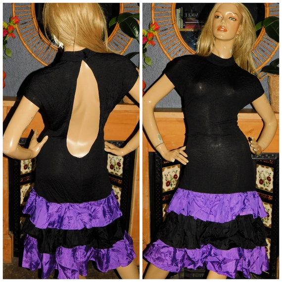 Vintage 80s TRASHY Black Purple BODY Con Semi Sheer RARA Prom Party Dress 14 M 1980s Kitsch