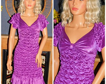 Vintage 80s TRASHY Purple Velvet RUCHED BODY Con Cocktail Prom Party Dress 12 M 1980s Bad Taste Hen Party