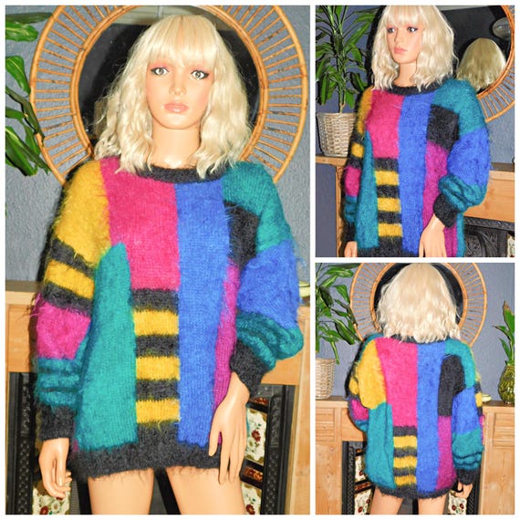 Vintage 80s Multicoloured SHAGGY MOHAIR Colour Block Sweater Jumper S M L 1980s Slouchy Hand Knit