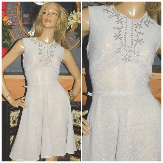 Vintage 60s 70s Semi SHEER Silver LUREX Mini Dress 8-10 S 1960s 1970s Kitsch Diamante Trim