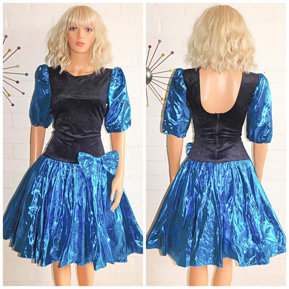 Vintage 80s METALLIC Blue Black PUFF Slvd BOW Prom Party Dress 8 S Xs 1980s Kitsch Extreme