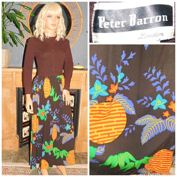 Vintage 70s Brown Orange Multicoloured CONTRAST GEOMETRIC Floral Print Midi Maxi Dress 8 S Xs 1970s Kitsch