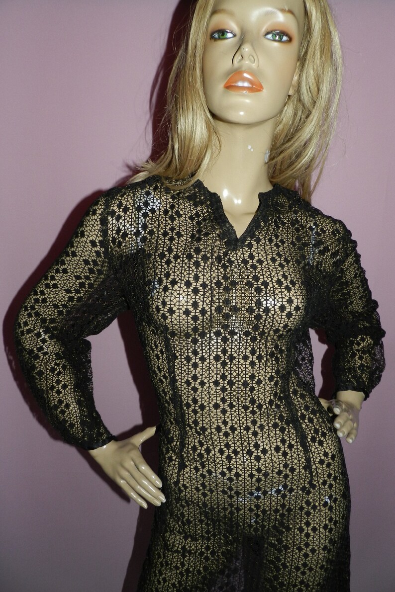 20s 30s Black SHEER Cocktail Evening Dress 12 M 1920s 1930s Vintage Deco Flapper Crochet lace