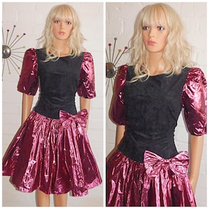 Vintage 80s METALLIC Pink Black PUFF Slvd BOW Prom Party Dress 12 14 M 1980s Kitsch Extreme