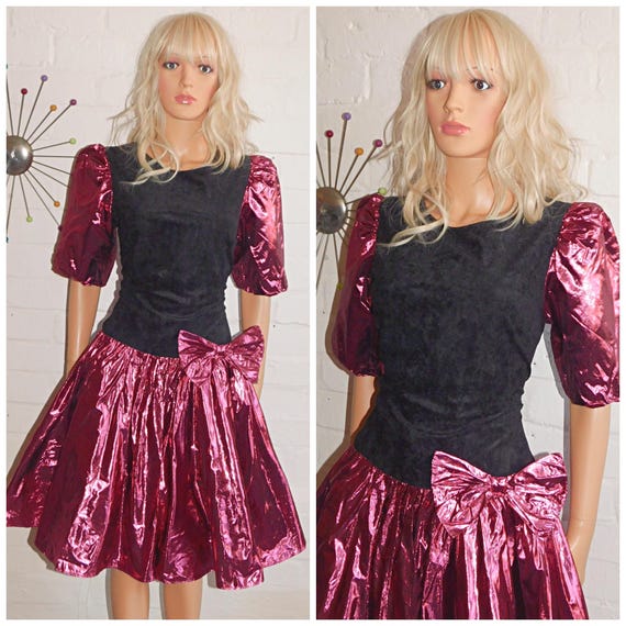 Vintage 80s METALLIC Pink Black PUFF Slvd BOW Prom Party Dress 12 14 M 1980s Kitsch Extreme