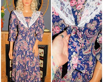 Vintage 80s Multicoloured Floral ROSE Print Lace COLLAR Sailor Bow