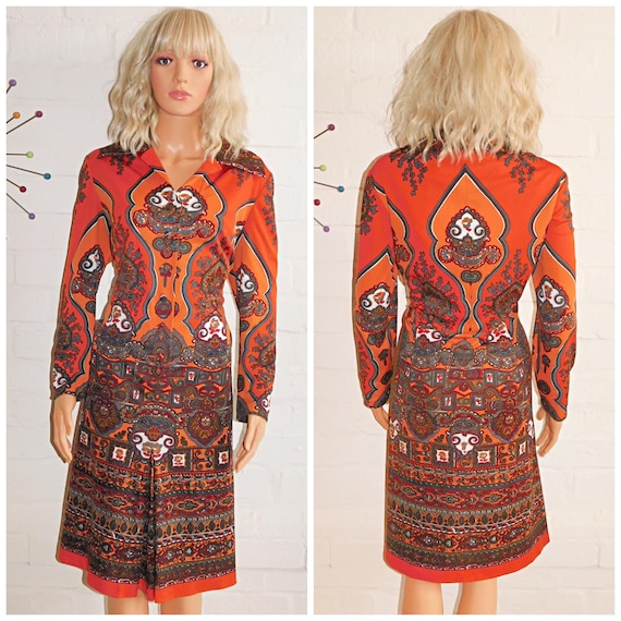 Vintage 70s Orange Brown PSYCHEDELIC Midi Dress 18 L 1970s Kitsch