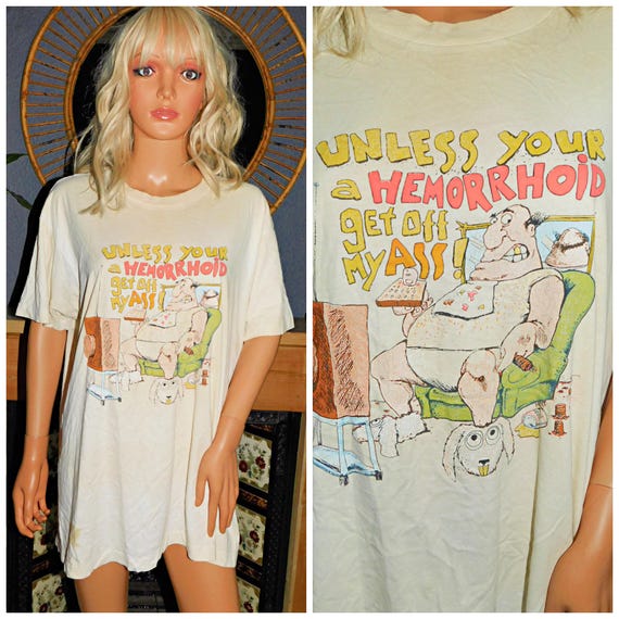 Vintage 80s Trashed Paper Thin Cream HEMORRHOID Single Stitch Novelty T Shirt L XL 1980s Unisex Graphic