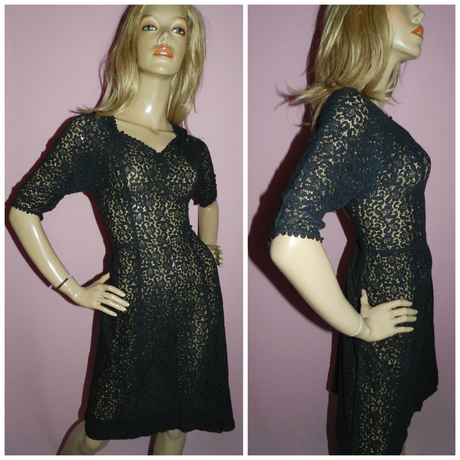 Vintage 50s Black LACE Semi SHEER evening dress 10 S 1950s Gothic ...