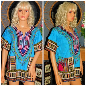 Vintage 90s does 70s Blue Multicoloured BOHEMIAN Print FESTIVAL Caftan Tunic Top 12 14 16 M 1970s Southwestern Boho Hippy