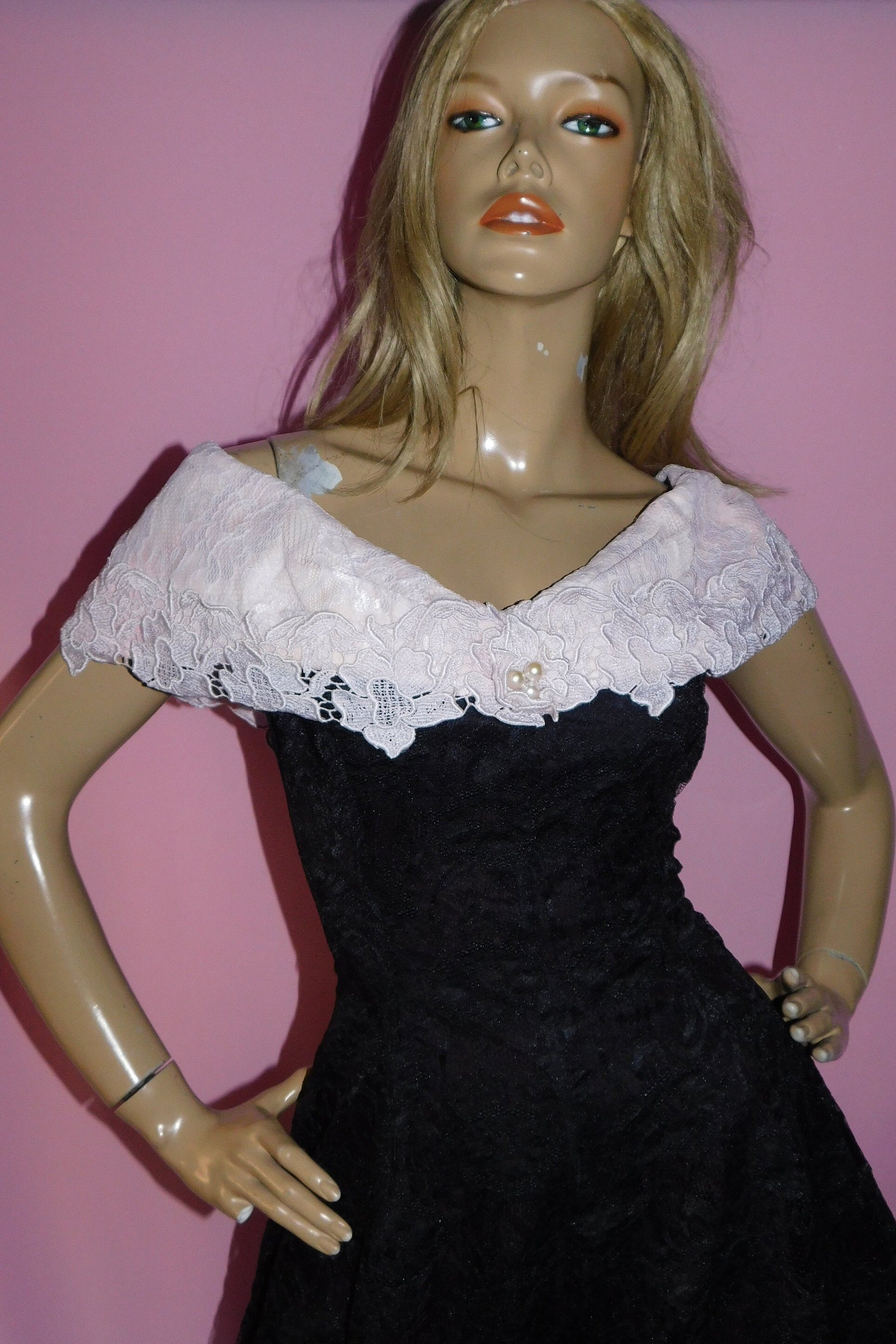 Vintage 80s Black White Lace FRENCH MAID Prom Party dress 810 S 1980s