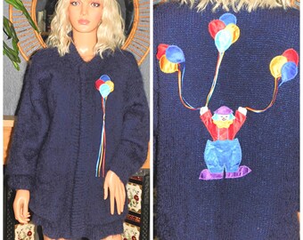 Vintage 80s Novelty Navy Applique CLOWN BALLOON Shaggy OVERSIZED Slouchy Cardigan M L 1980s Kitsch Wool Fluffy Kitsch