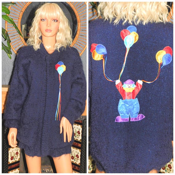 Vintage 80s Novelty Navy Applique CLOWN BALLOON Shaggy OVERSIZED Slouchy Cardigan M L 1980s Kitsch Wool Fluffy Kitsch
