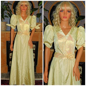 Vintage 70s 80s Yellow GLITTER PUFF Slvd Princess Maxi Dress 10 12 S M 1970s 1980s Belle Prom Bow