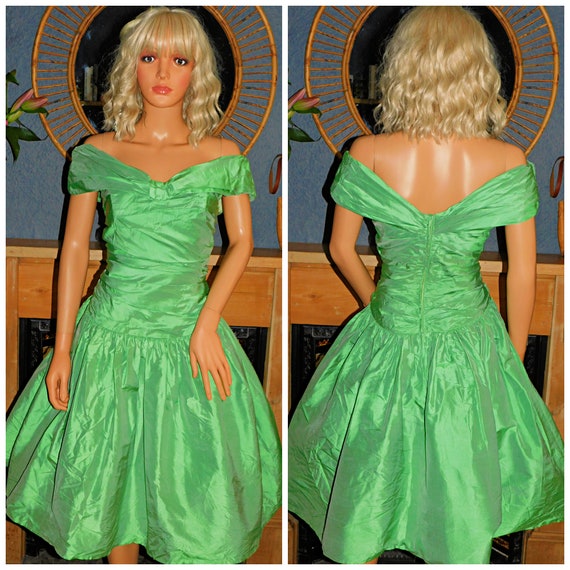 Vintage 80s Lime Green SILK Shawl Collar Prom Party Dress 10-12 S M 1980s Evening Cocktail