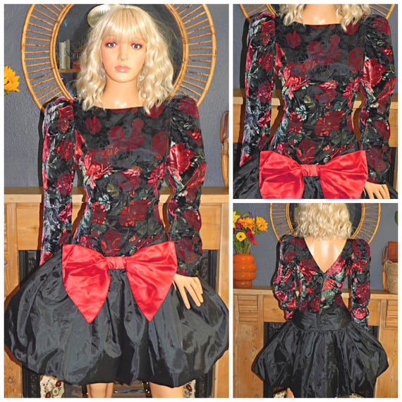 Vintage 80s Black Red BUBBLE Hem BOW Mini Prom Party Dress 12 M 1980s Puffball Kitsch Velvet Floral