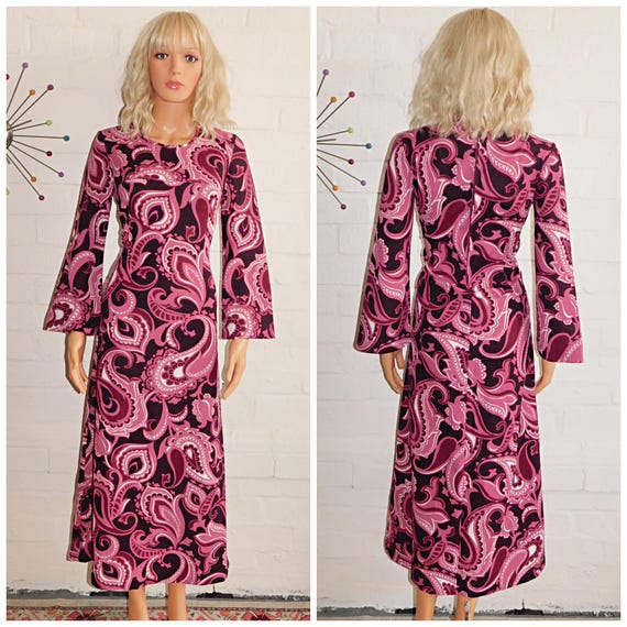 Vintage 70s Purple Maroon PSYCHEDELIC SWIRL Print Midi Maxi Dress 10 S 1970s