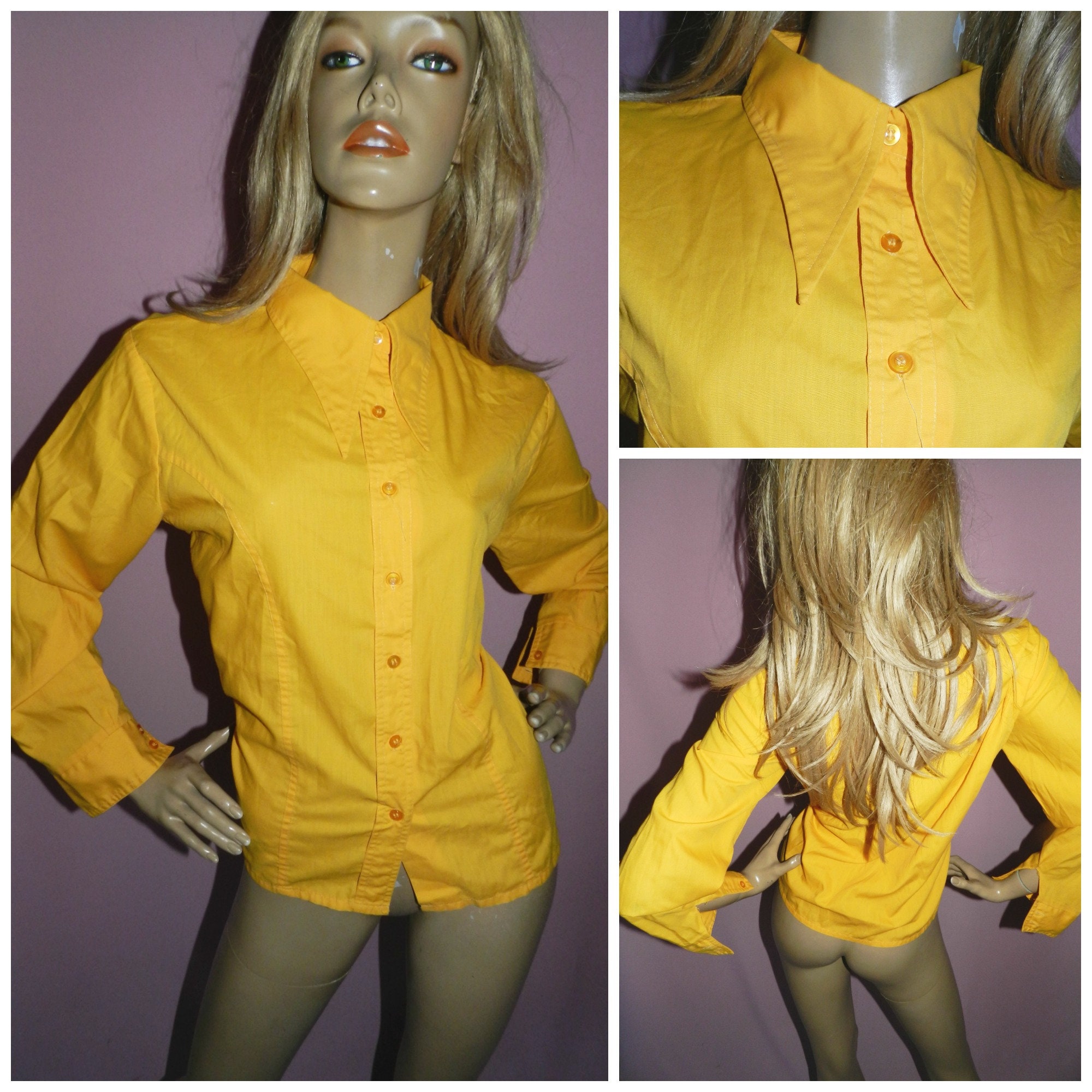 Vintage 70s Bright Sunshine yellow DAGGER collar shirt blouse 16-18 L ...