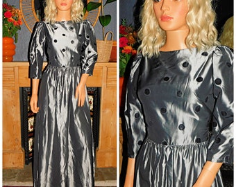Vintage 70s 80s Grey Pewter SILVER POLKA Dot Maxi Evening Dress 8-10 S 1970s 1980s Prom Party Cocktail