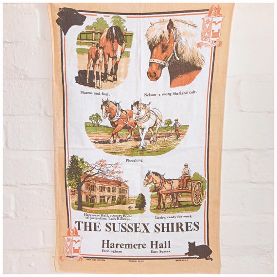 Vintage SUSSEX SHIRES HORSE Cotton Linen Tea Towel Haremere Hall