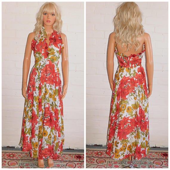 Vintage 60s 70s Orange Yellow Orchid FLORAL Print Halterneck Backless Maxi Dress 8 S Xs Boho 1970s Summer Floaty Chiffon Ruffles