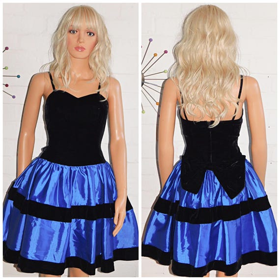 Vintage 80s Blue Black BOW Back Prom Party Dress 8 S 1980s Kitsch Cocktail Velvet