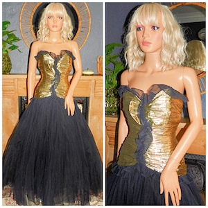 Vintage 80s Black METALLIC Gold PRINCESS Ruched Strapless Prom Party Dress 8 Xs 1980s Bernshaw