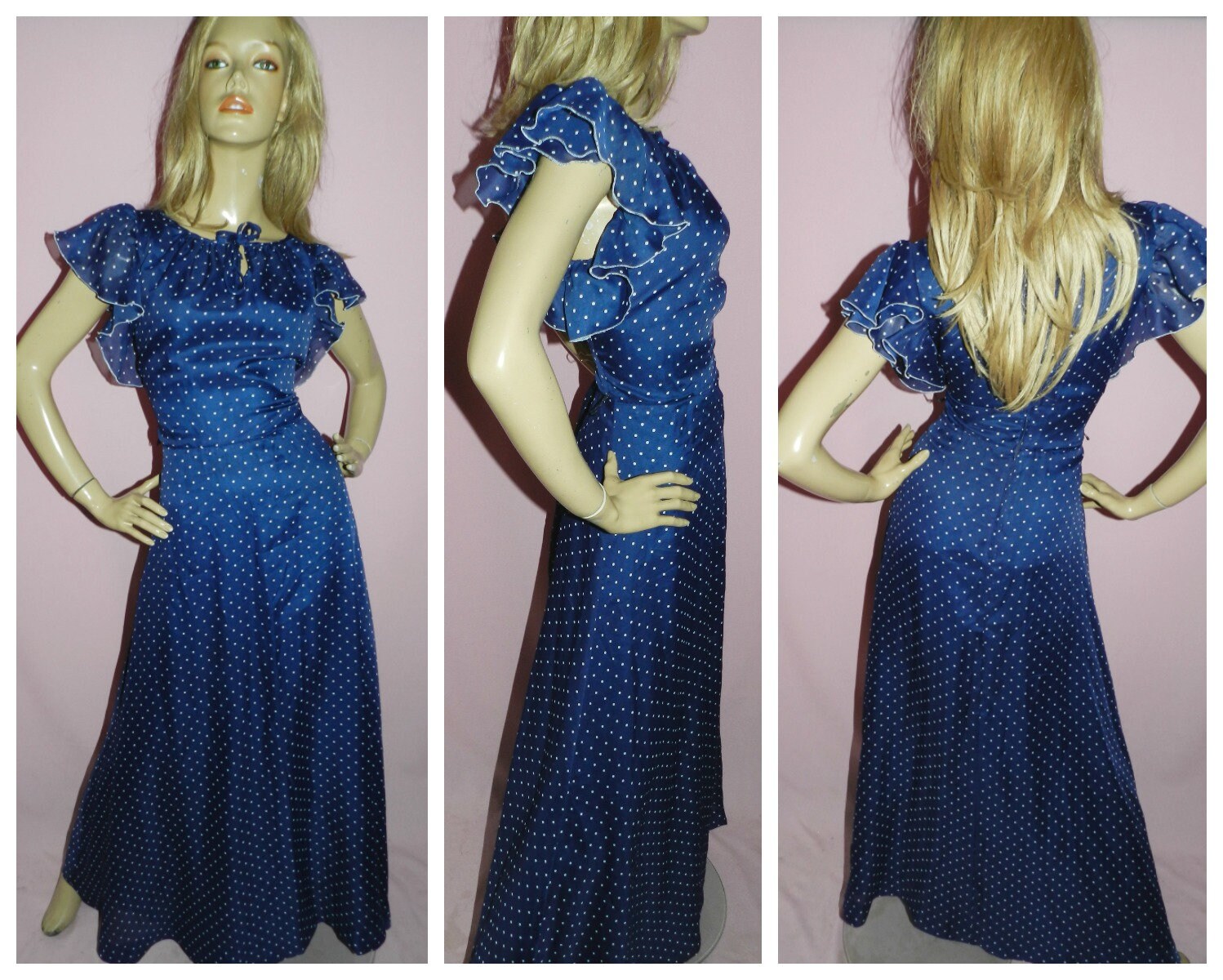 70’s Navy Polka Dot Ruffled Blouse main image 0