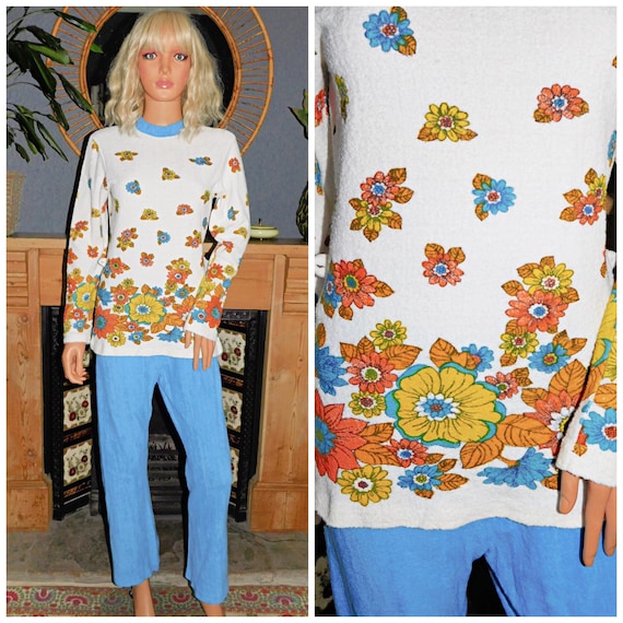Vintage 70s PSYCHEDELIC FLOWER POWER Towelling Top Trousers 10 S 1970s Lounge Pool