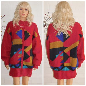 Vintage 80s Red Multicoloured OVERSIZED SLOUCHY Abstract print COCOON Chunky knit cardigan M L Xl 1980s