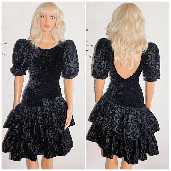 Vintage 1980s Black Bow Drop Waist PUFF Slvd RARA Prom Party Dress 12 14 M 80s KITSCH