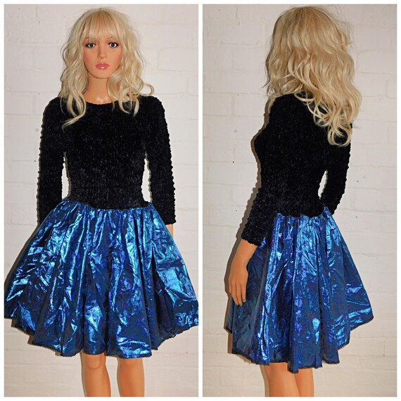 Vintage 80s Black METALLIC Blue Prom Party Dress 6 8 XS 1980s Kitsch Mini