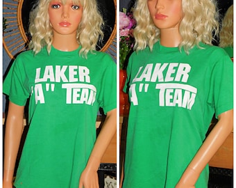 Vintage 80s Soft SINGLE STITCH Green LAKER A Team T shirt M 1980s Unisex Graphic 50 50