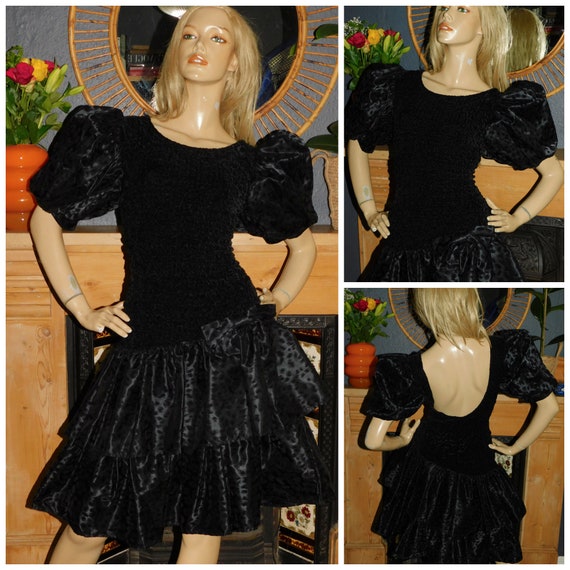 Vintage 1980s Black Bow Velvet Drop Waist PUFF Slvd RARA Prom Party Dress 80s 12 14 16 M L 80s KITSCH