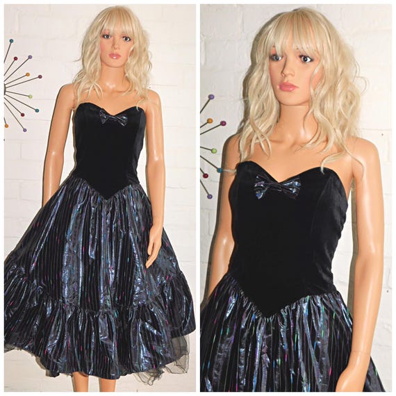 Vintage 80s Strapless METALLIC Black FULL SKIRT Bow Prom Party Dress 10 S 1980s Kitsch