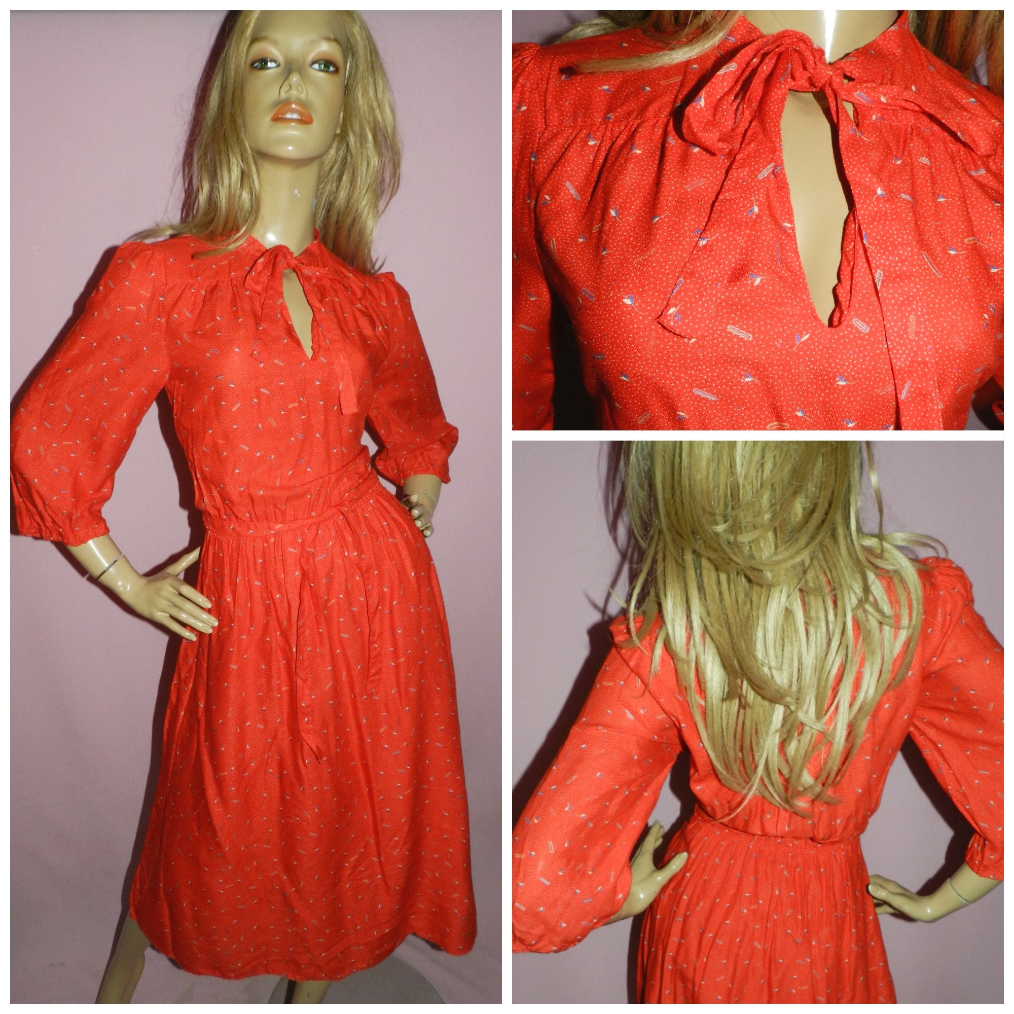 Vintage 70s Red DITSY Print PUSSY BOW Day Dress 10-12 S M 1970s