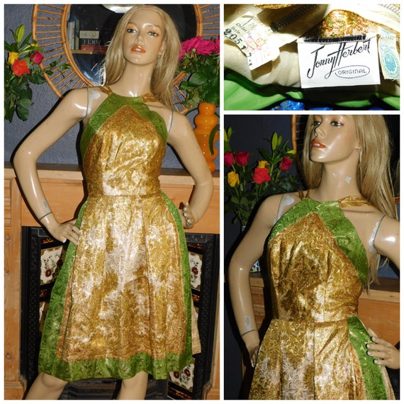 Vintage 50s Jonny Herbert Metallic Gold Green Strappy Cocktail Party Dress 6 Xxs Xs 1950s Union made Mid Century