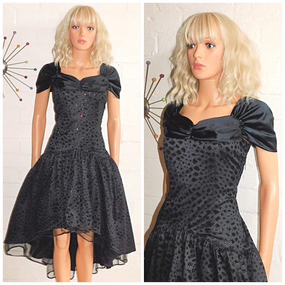 Vintage 80s Black Metallic Glitter Prom Party Dress 14 16 M L 1980s Cocktail Kitsch