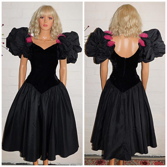 Vintage 80s AVANT GARDE Extreme Black Pink RUFFLED Gothic Princess Prom Party Dress 12 M 1980s Kitsch Puff Slvd