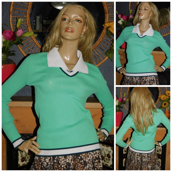 Vintage 60s 70s MINT Green PREPPY Contrast Wide Collar Ribbed Stretch Top 10 12 S M 1960s 1970s