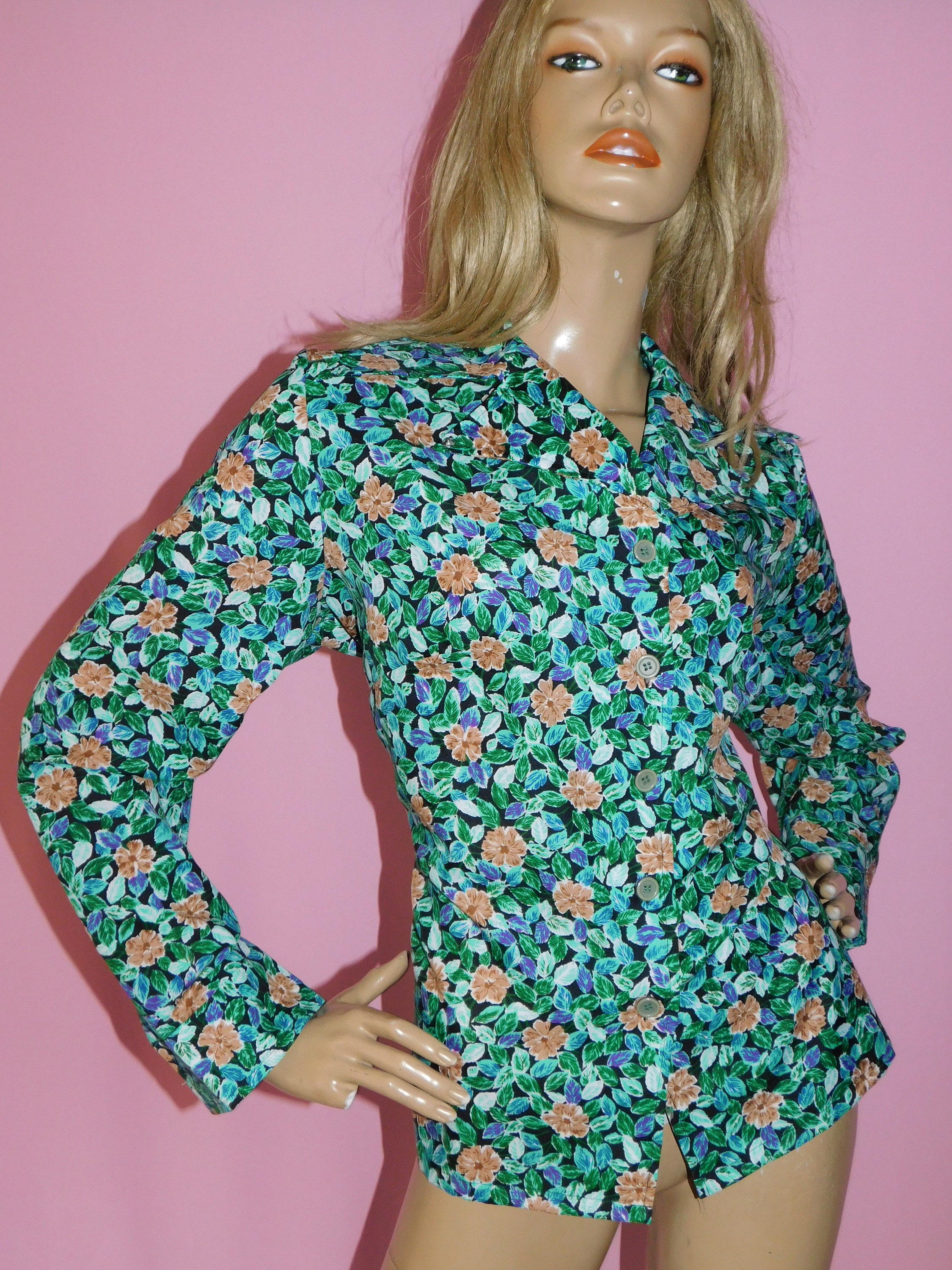 Vintage 70s does 40s Green FLORAL Print Wide Collar Shirt Blouse 20 22 ...