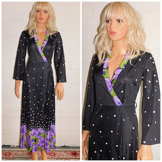 Vintage 70s Black White Purple Spotty FLORAL Print Wrap Midi Maxi Dress Gown 10 S 1970s Semi Sheer