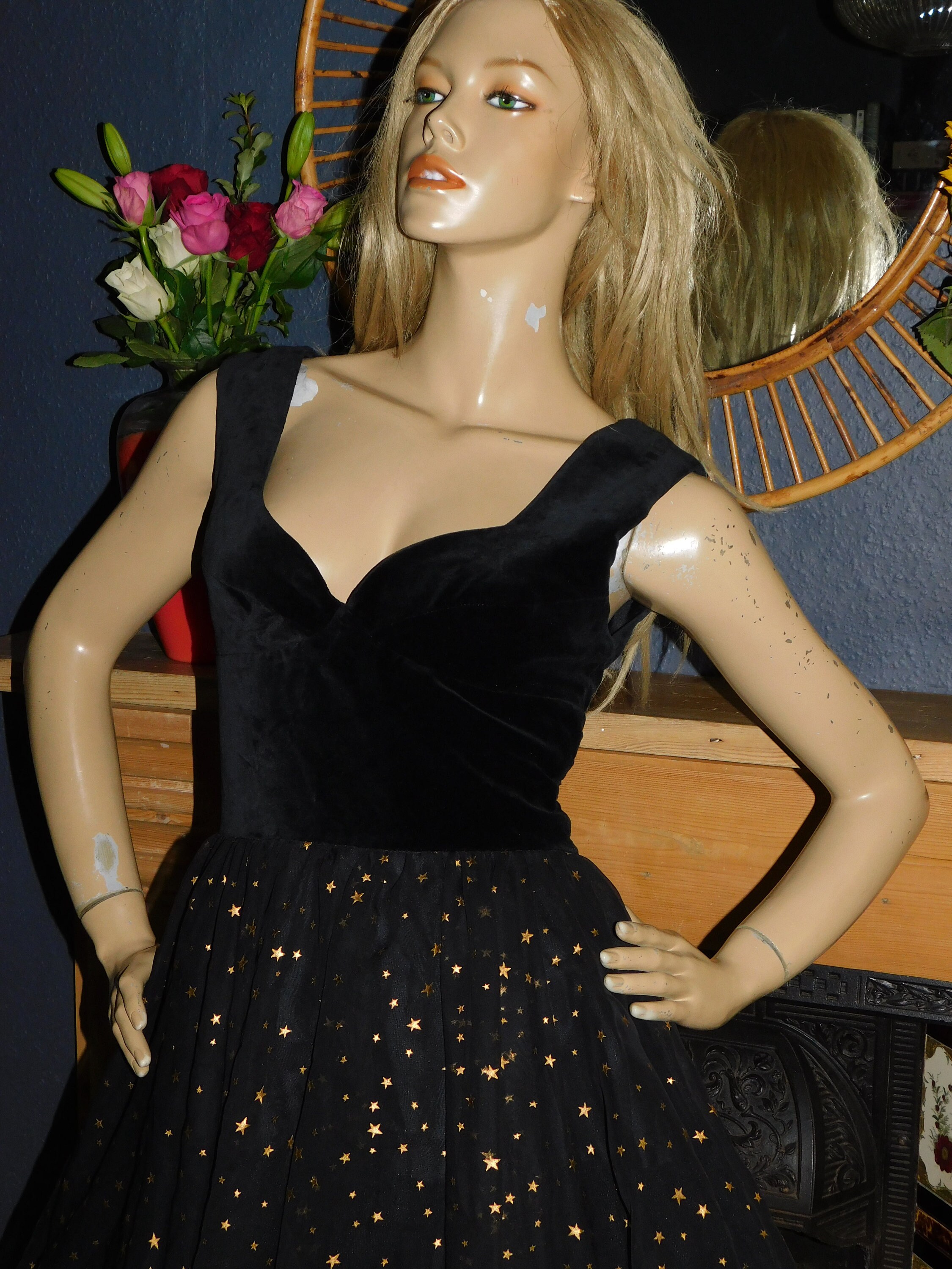 Vintage 80s Black Velvet Gold METALLIC STAR Print Mini PROM Party Dress ...