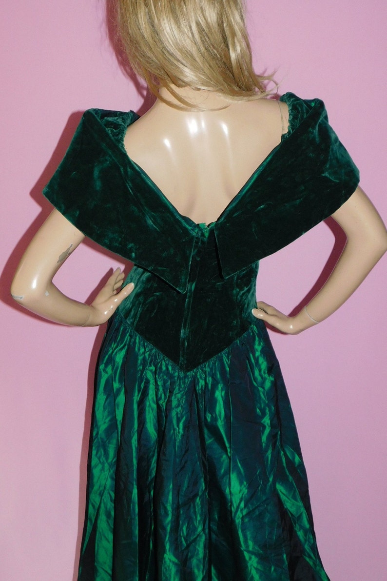 Vintage 80s EMERALD GREEN VELVET Maxi Princess Prom Dress 10Uk 6Us S 1980s Party Evening