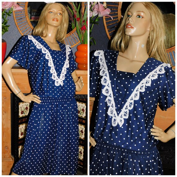 Vintage 80s Navy White POLKA DOT Nu Wave Day Dress 14 16 M L 1980s Kitsch