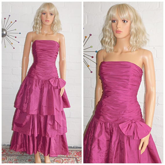 Vintage 80s Magenta Pink Strapless BOW RaRa PRINCESS PROM Party Dress 8 Xs 1980s Cocktail