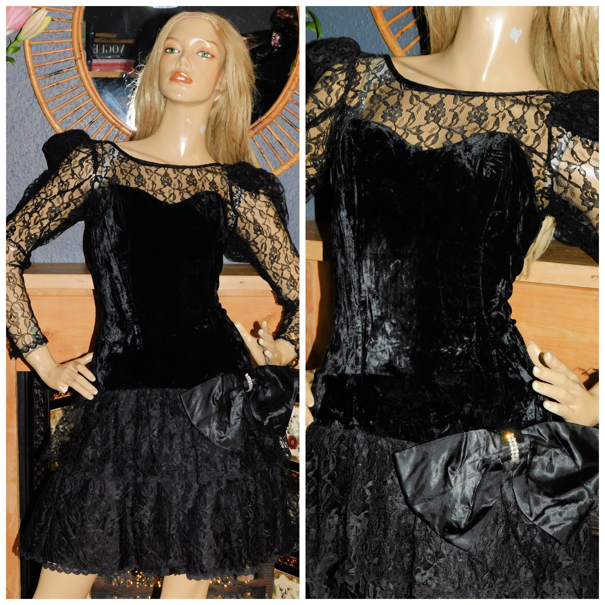 1980s Vintage Black Lace Fit & Flare Evening Prom Cocktail Party Dress  Medium 12 Layered Skirt Spaghetti Straps 80s Corset 