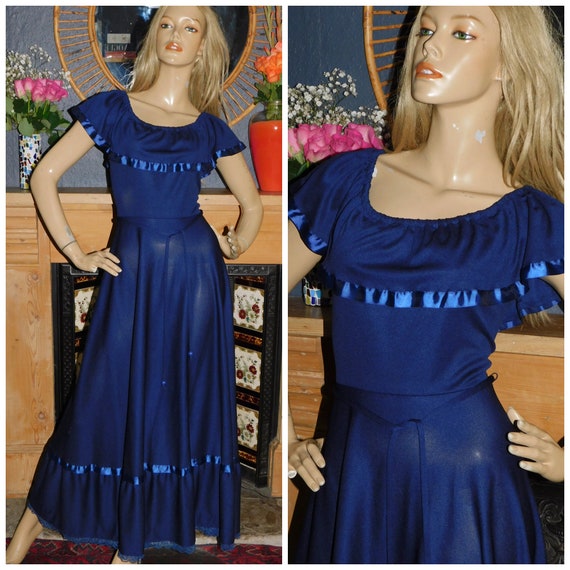 Vintage 70s NAVY Blue Semi SHEER Ribbon Trim Ruffled Maxi Evening Dress 10-12 S M 1970s Gothic