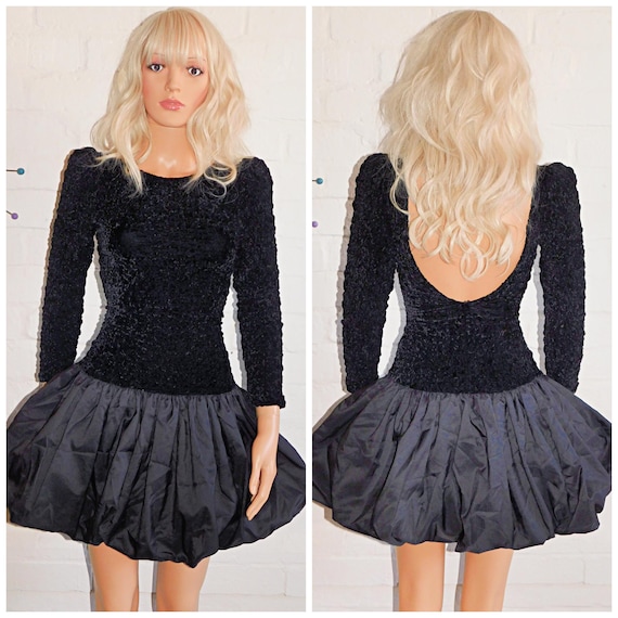 Vintage 80s Black PUFFBALL MINI Prom Party Dress 6 XS 1980s Kitsch Bubble Hem